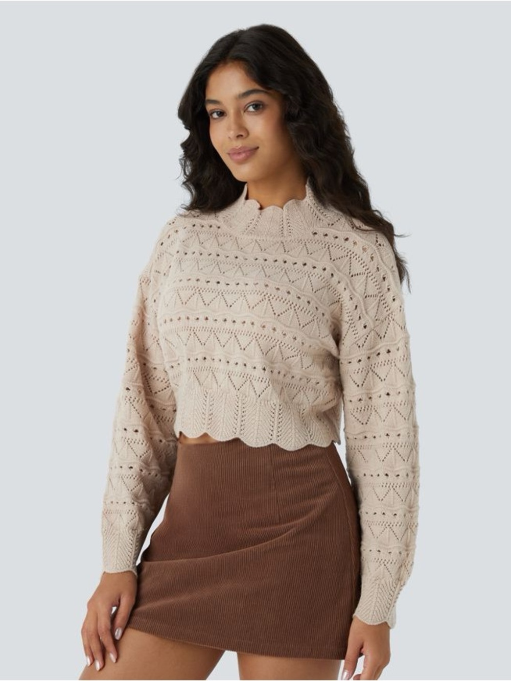 HALARA Cream Openwork Cropped Turtleneck Sweater